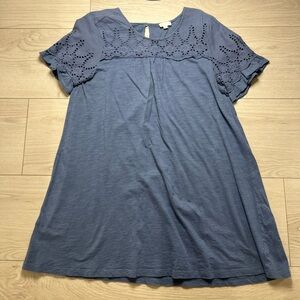 Hem & Thread Blue Eyelet Accent Short Sleeve Dress Baby Doll Dress Large